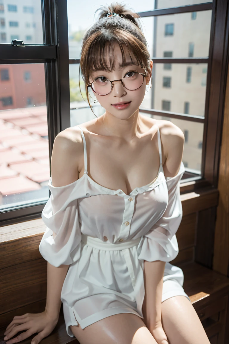 (highest quality, 8k, 32k, masterpiece, Ultra-high resolution:1.4),Be autiful Japanese Women Photos,
age22, Cleavage:1.2
, Medium meat. Sexy thighs, ,(blonde short hair:1.2), In front of the bookshelves in the library, (Open Tight see-through shirt white:1.3), Without skirt,Off the shoulder, (Shooting from the sky:1.2), L ooking at the audience, Sitting floor,Wooden floor, (Big face and big breasts:1.4), blush, (close:1) Mouth half open, ,Detailed face, ((Simple and stylish glasses))、((A transparent white shirt))