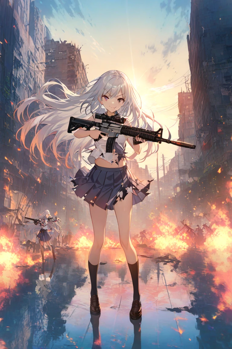 Create an anime poster for "Aftermath," a series about a young woman named Rei fighting to survive in a post-apocalyptic world. Rei is a brave and resourceful survivor with (short, choppy) white hair and (determined, piercing) eyes. The poster should capture the gritty and intense tone of the series, with elements such as (crumbling buildings, raging fires, and desperate battles). The title should be written in bold, block letters, with the tagline, "In a world without hope, one girl will fight to survive."