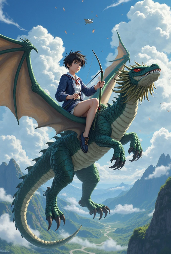 a Japanese student with a bow riding on a dragon, anime-style