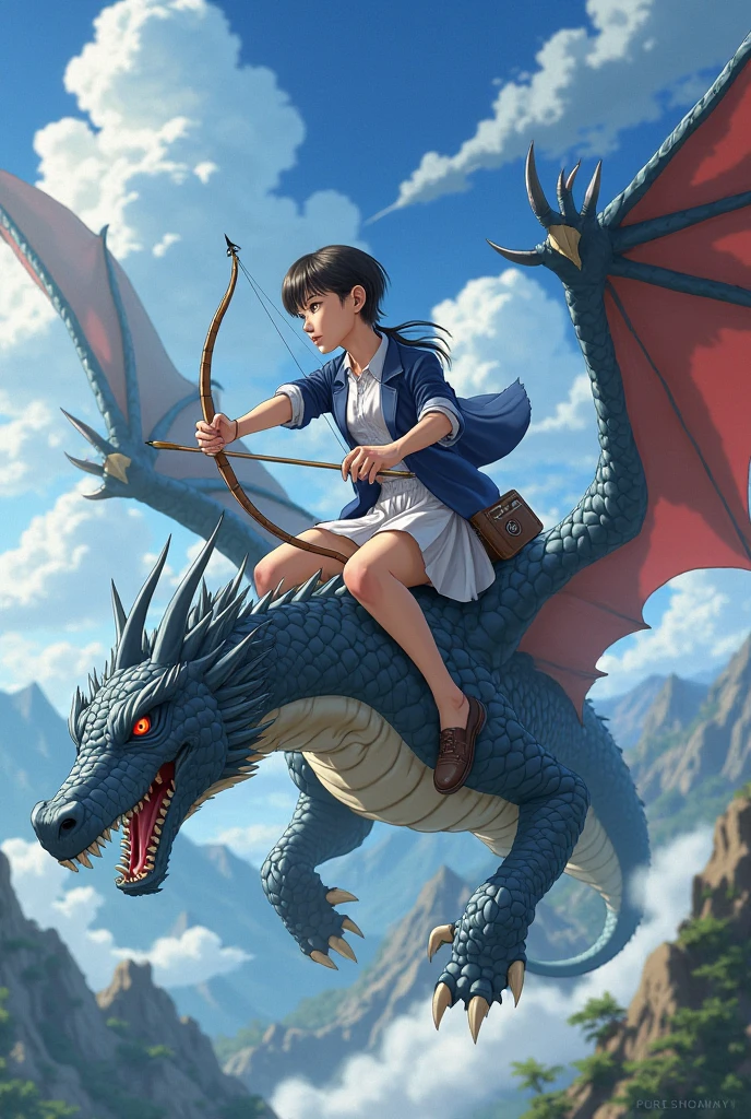 a Japanese student with a bow riding on a dragon, anime-style