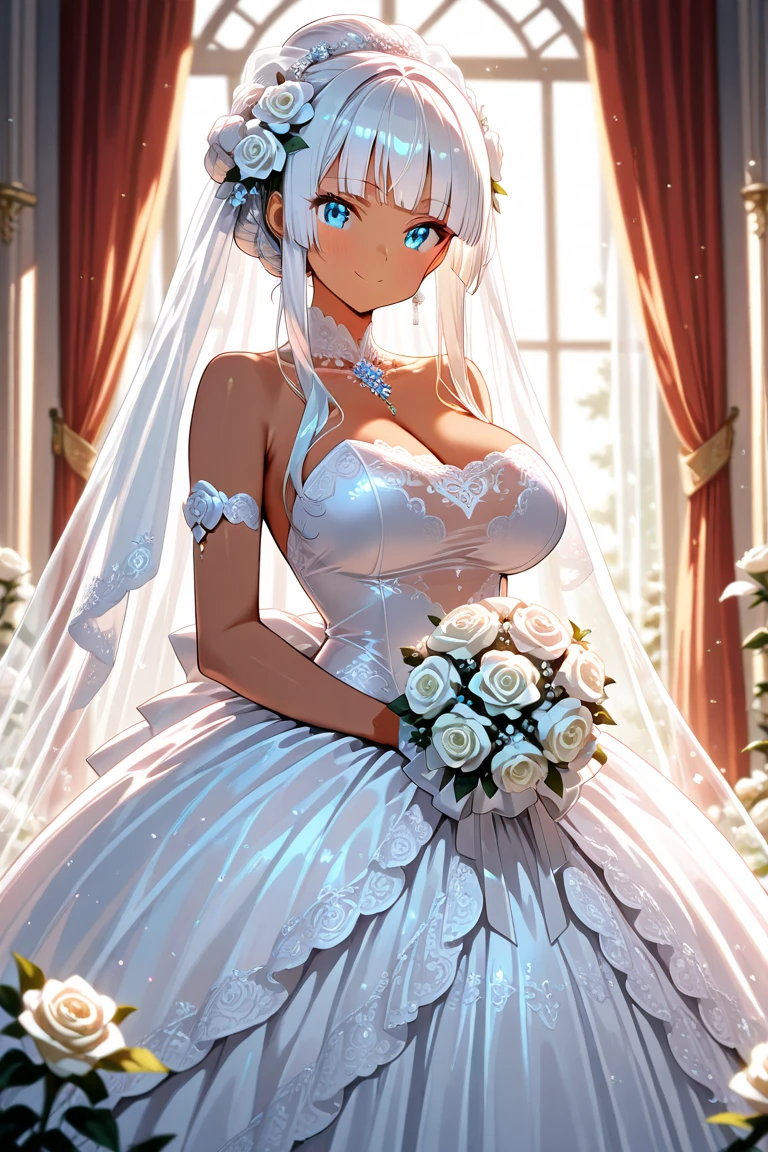 1 girl，Kasugano Sora， Sora，wedding pantyhose，wedding dress，white gray hair，long double ponytail，bridal bouquet，wedding veil
