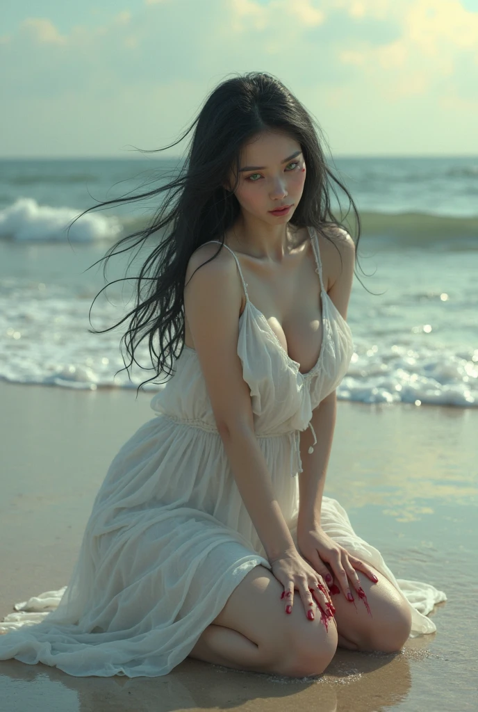 towards the camera,put a face to the viewer,stand on all fours,High image quality,works of masters,daughter,black hair,long hair shawl,long hair flowing over shoulders,cropped shoulder,clavicle,exquisite face,moist red lips,white dress,clavicle,towards the camera,Single photo,hosiery,sad expression,bust,real person,(ocean,sandy beach),CG rendering,16,000,lying in bed,Put your hands behind your head.,look into the camera,The night scenery was beautiful, farewell,hyper hd,The details were perfect,the picture is real,Extreme picture quality,Highest accuracy,8K 해상도,shade of darkness,8K, yes ,Ultra HD,8K