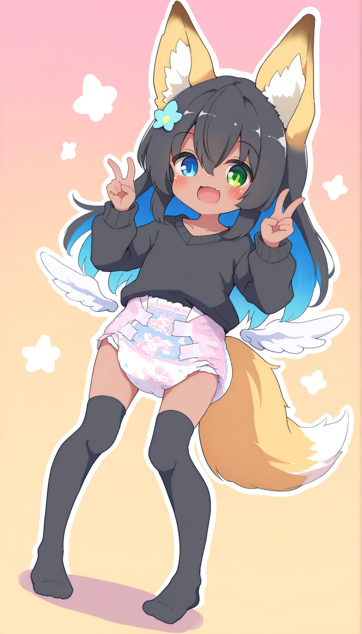 (masterpiece), (highly detailed), ((girl,:1.5)), (diaper), (black hair), hair, long hair, (blue eyes), (tan skin:1.4), (fox-like ears, fluffy tail:1.3), (heterochromia,blue eyes,green eyes:1.1), (smiling:1.1), (open mouth:1.1), (black sweater:1.2), (black thigh high socks:1.1), (playful pose:1.2), simple orange background, cute, bright,tianliang_duohe_fangdongye,[[[tyakomes,artist:shinapuu]]],masterpiece,best quality,amazing quality, (full body), standing, (abu bunnyhopps, diaper, rabbit print, front-print diaper, back-print diaper), double v, hair between eyes, (angel wings,mini angel wings:1.2),  (low wings), (colorful background, gradient background), (looking at viewer), dutch angle, star \(symbol\), (single flower hair ornament), colored inner hair, lazypos