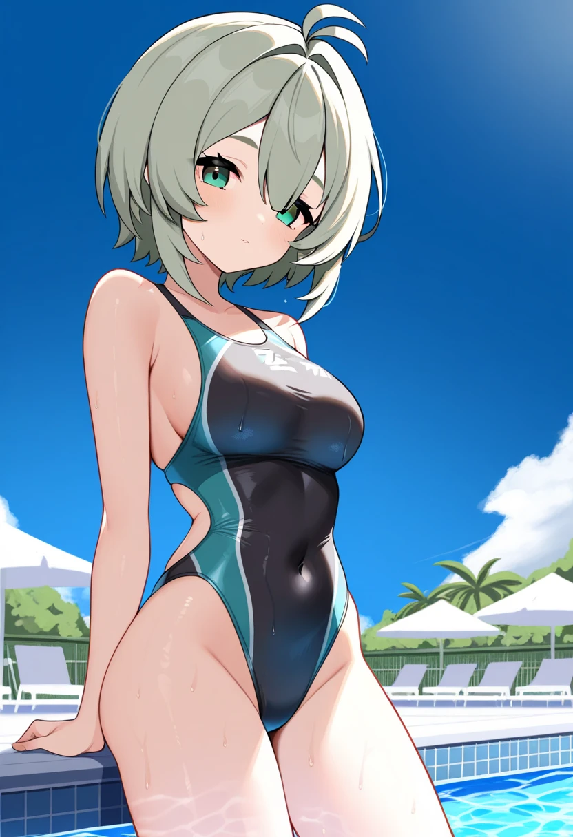 One girl,((Nozomi)),Gentle expression、Welcome、rooftop、blue sky、Are standing、slender body,ideal ratio body proportions,Sexy String Swimsuit、Sexy pose、from below,A complete depiction of the human body,masterpiece, Highest quality, Game CG, ultra detailed、highres、extremely detailed CG