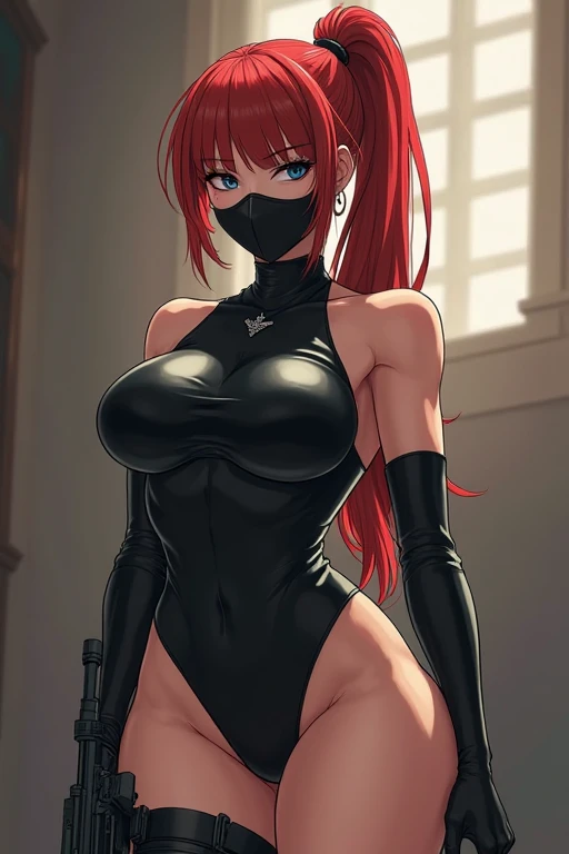 Redhead babe, black mask, full-body lens, 8K resolution, strong figure, {{Huge_breast}}, straight chest, slender waist, tall, slender legs, thin and transparent tights, {{latex}}, {{glossy}}, {slim}, fair skin, {black_stockings}, highest details, light curls, long bangs, openwork, side space, various tattoos all over the body, open legs, sitting on the bed --auto --s2