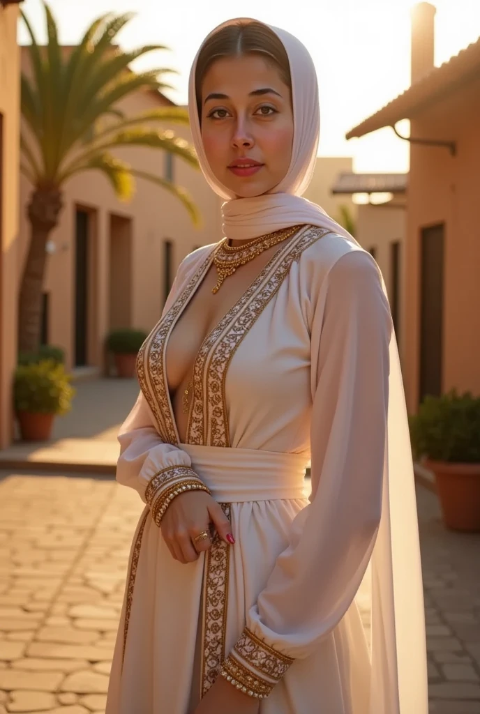 A beautiful 17 years old Arabian girl, 1girl, detailed face, sharp nose, thin lips, round face, skinny hands and legs, tight bra, huge breasts, off shoulder, wearing hijab, golden bangles, bracelets, necklaces, swiss polo watch, sitting on wheelchair, Burj khalifa in the background, detailed squinting eyes, detailed horny face, (best quality,4k,8k,highres,masterpiece:1.2),ultra-detailed,(realistic,photorealistic,photo-realistic:1.37),HDR,UHD,studio lighting,ultra-fine painting,sharp focus,physically-based rendering,extreme detail description,professional,vivid colors,bokeh,fashion portrait