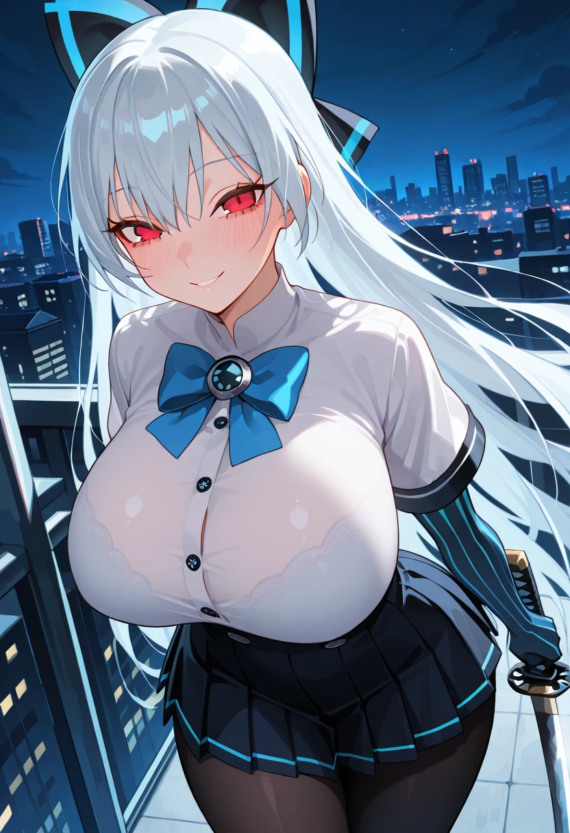 masterpiece, best quality, high_resolution, fine details, very detailed and beautiful, distinct_image, 1 girl, solo, silver-haired, red eyes, dragon's horns, (huge breasts), (),(from top),curvy,rooftop,((gym clothes)),