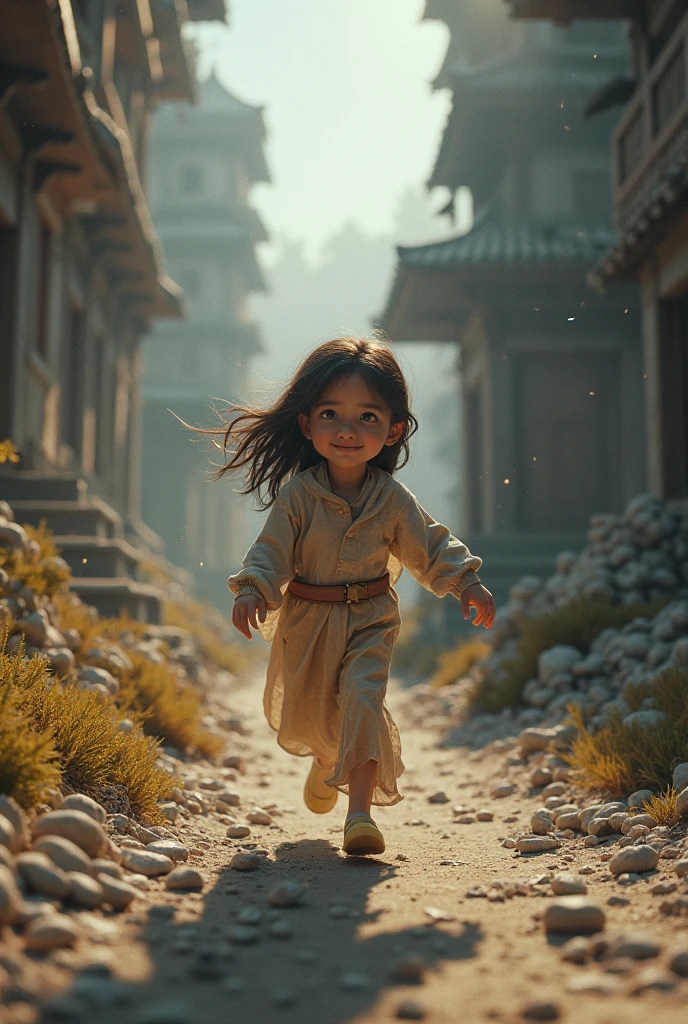 夏天,cobblestone pathway,kite,The back of a child running,Hot summer