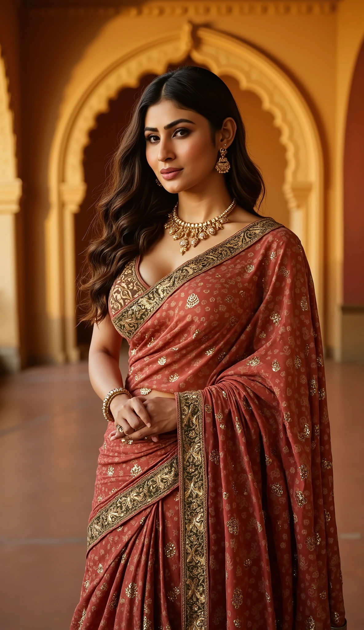 Full body portrait of a beautiful Indian actress Mouni Roy wearing a traditional designer saree, elegant pose, soft natural makeup, detailed embroidery on saree, long wavy hair styled perfectly, standing gracefully with a slight smile, ethnic jewelry like jhumkas and bangles, soft golden hour lighting, artistic background with royal Indian architecture or a decorated festive setting, ultra realistic, 9:16 vertical frame, cinematic look”
