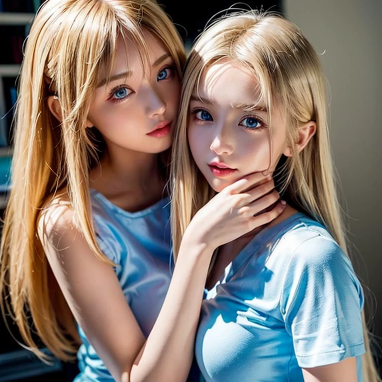 2girl, (Blue Eyes), (twins), (smiling :1.2), (Sana Minatozaki), (with his twin sister :1.4), (wide hips), (Big :1.2), big ass, (Best Quality, 8k, Masterpiece: 1.3), Clear Focus: 1.2, Perfect Body Beauty: 1.4, Highly detailed face and skin texture, detailed eyes, double eyelids, (blonde long hair :1.2), (cleavage black t-shirt :1.3), (thong), (hugging, squeezing their breasts :1.3), in bed, room