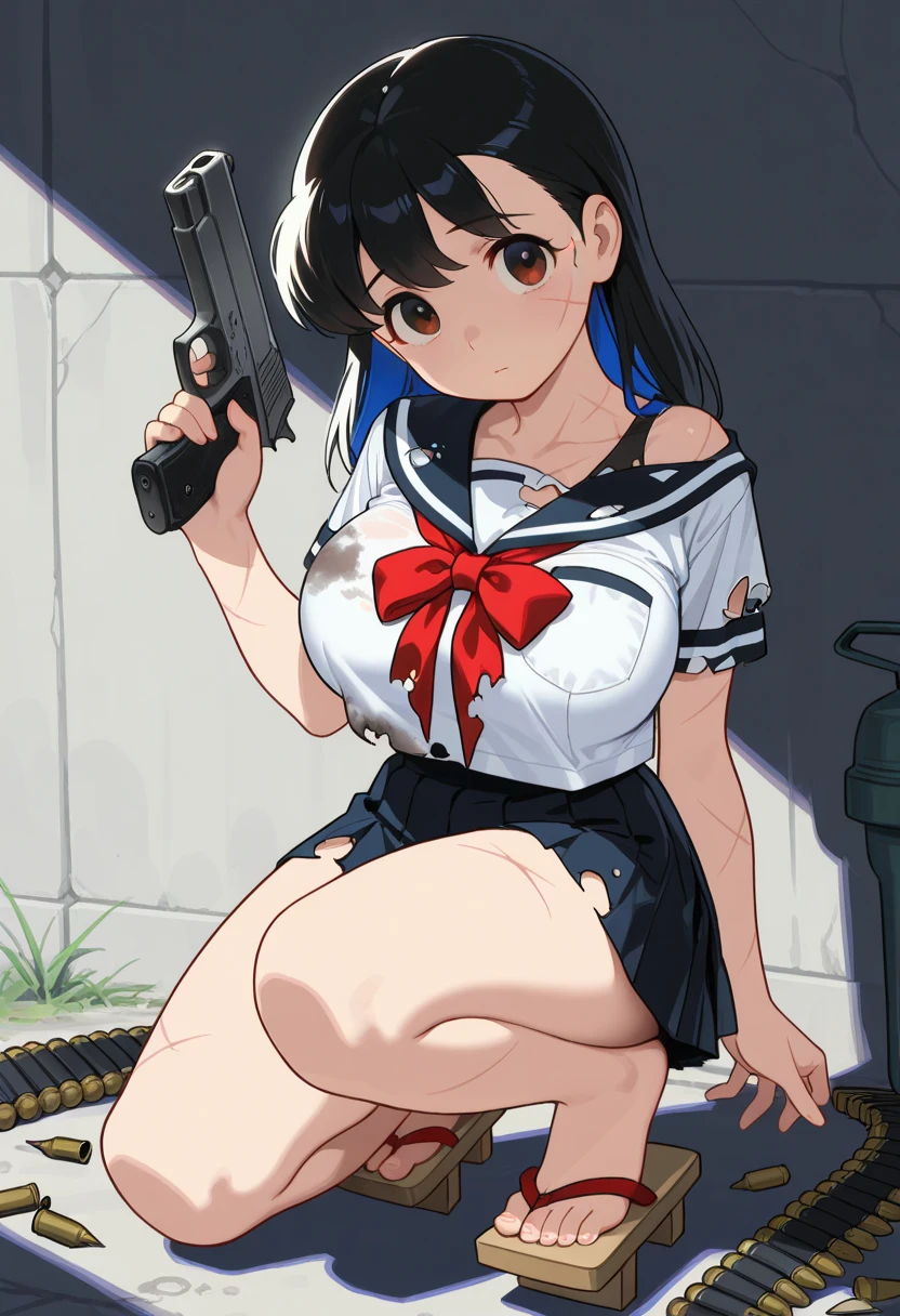 multiple girls, 3 girls, school swimsuit, sailor collar, clone girls, high socks, loafer, holding gun, pile of corpse