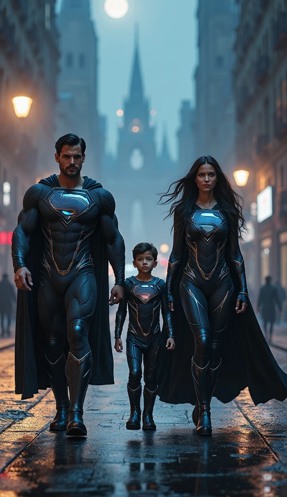 A dark screen, but reflected in the car is a superhero, injured, wearing a black suit with a white 'S' on his chest. He's with his husband, a superhero in a yellow suit with a 'P' on his chest, and their baby in a destroyed futuristic city.