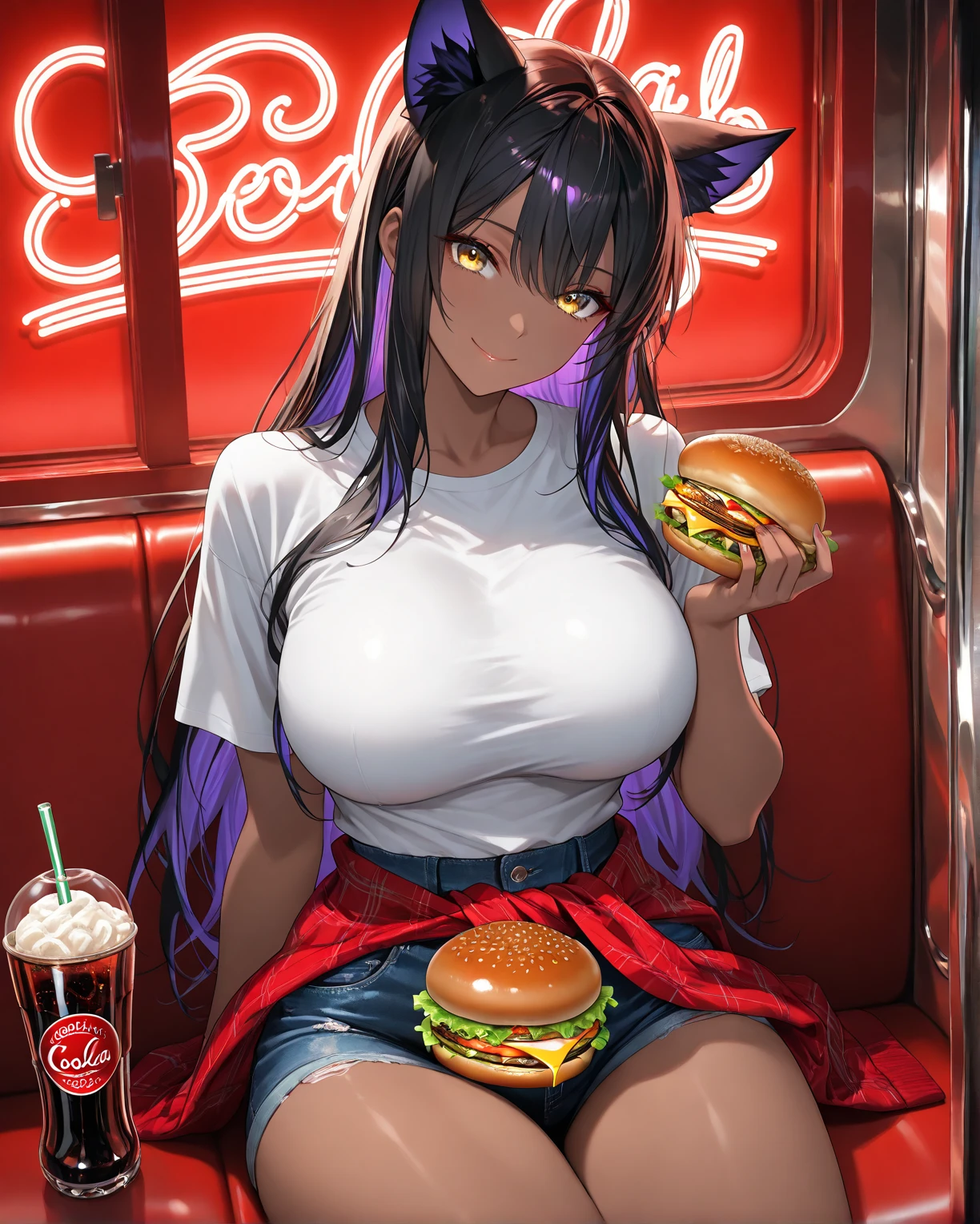Highest quality, Super quality, 16K, Incredibly absurd, Very detailed, delicate and dynamic, SFW, Natural light, Small particles reflect light, Diffuse reflection of light, Vortex of Light, In-store pop, , Fast food restaurants, McDonald, hamburger, Sparkling, Create amazing image effects, cash register, Full body close-up, (cute sexy girl, firm busts, sexy long legs, hamburgerショップの店員, Sensual expression, fine, Active, smile, cash registerで接客, paper bag, , , black long hair, hamburgerショップのUniform, hamburgerショップ店員の帽子をかぶる, Tifa Lockhart Final Fantasy VII )