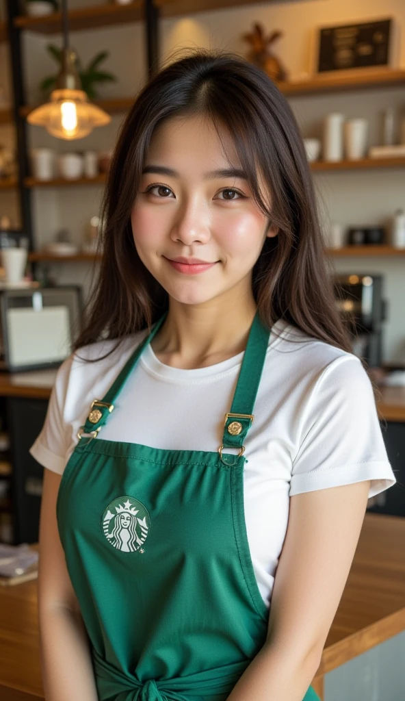 Green apron with Starbucks logo、Inside the apron is a plain black short-sleeved polo shirt、Oversize