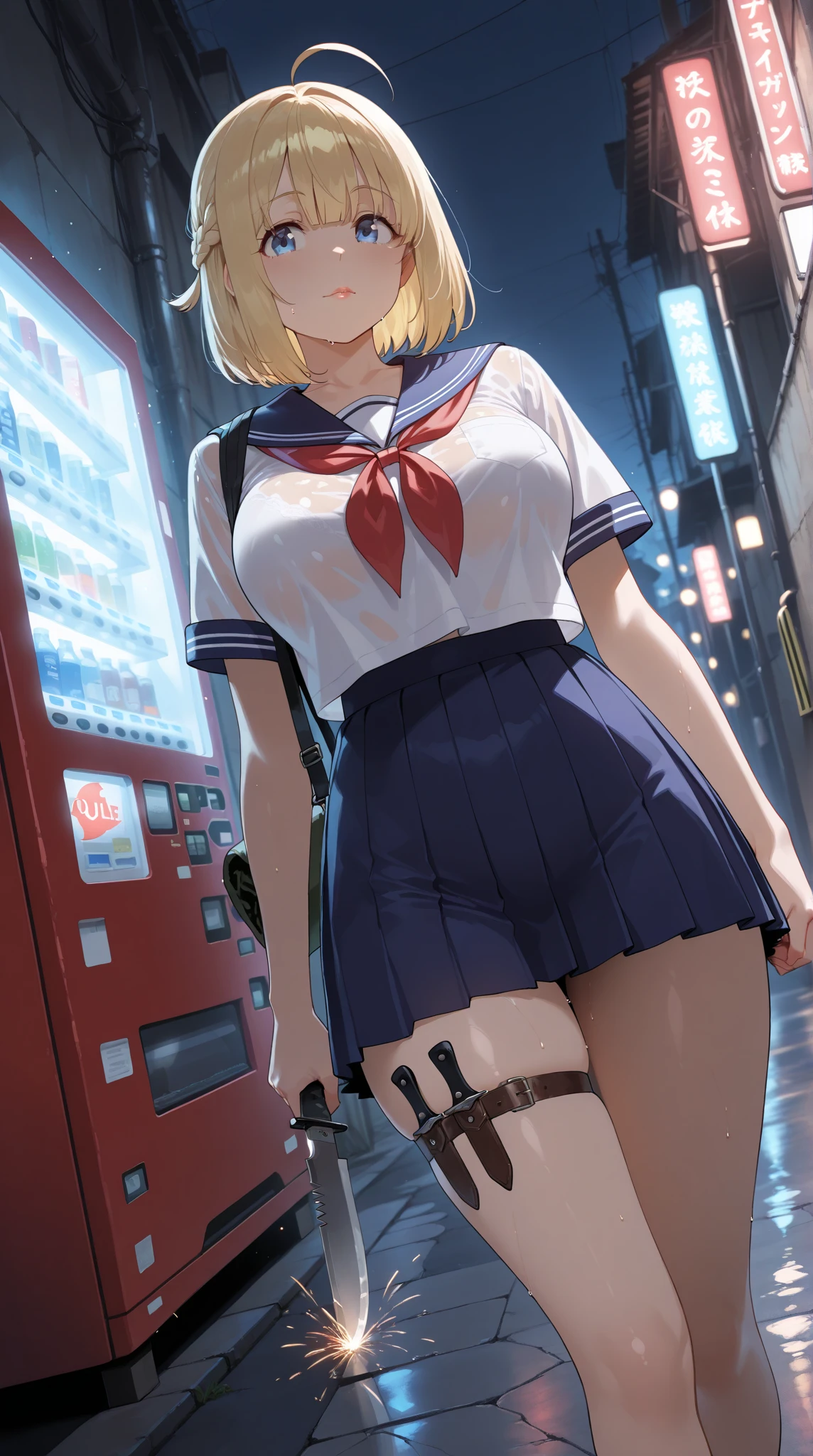 (8k, RAW photo, best quality, masterpiece, soft cinematic lighting, soft color:1.4),(front view:1.7),( POV,looking  at viewer:1.7),(detaileds beautiful eyes focus,Close-up beautiful eyes:1.6),(realistic), (room full of trash background:1.6), (solo, mature woman,19years old,super beautiful face,super detaild beautiful eyes :1.5), {sailor uniform:1.1),(show off nipple:0.5),low-cut miniskirt,sheer :1.3}, (embarrassed,red Cheeks:1.25),bob cut hair, {{slicked back hair}}, white blonde color hair, clean skin, (smaller butt:0.5),(coverd nipple:0.8),(sagging huge long wide heavy breasts:1.5),(under boob:1.8), (thick, curvy:1.35),(1boy,sex,open leg:1.5),(open mouth:1.2),(arms behind back:0.8),(lying,on side:1.7),