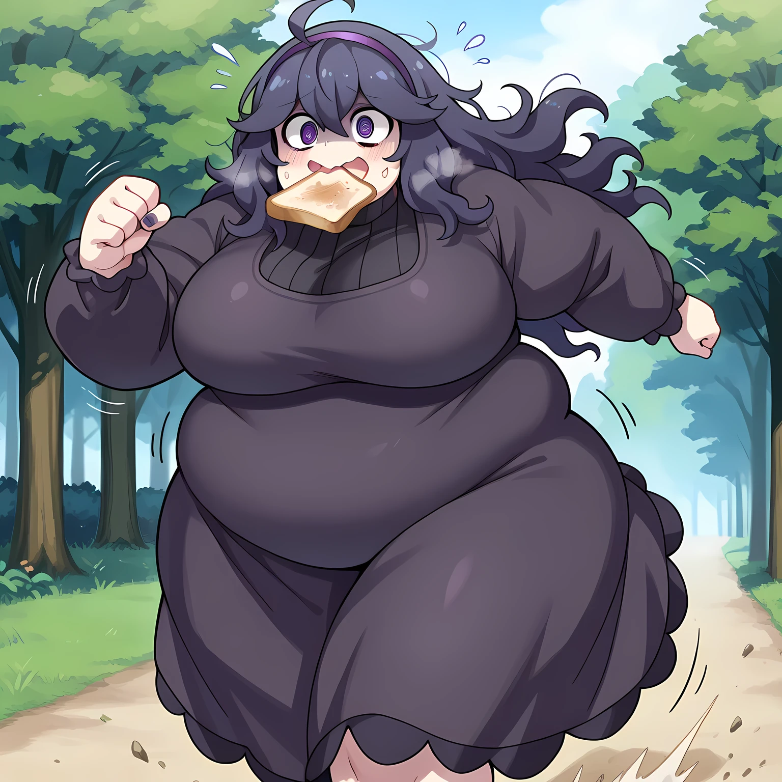 masterpiece, best quality, amazing quality,, hex maniac, hairband, messy hair, purple eyes, purple hair, purple hairband, @ @, mature female, breasts, anime screencap,, food in mouth running, food in mouth, running, bread, bread slice, food, toast in mouth, toast, sweatdrop, motion lines, motion blur, outdoors,, , ,fat, chubby, obese, gigantic arms and legs, large breasts open mouth, out of breath