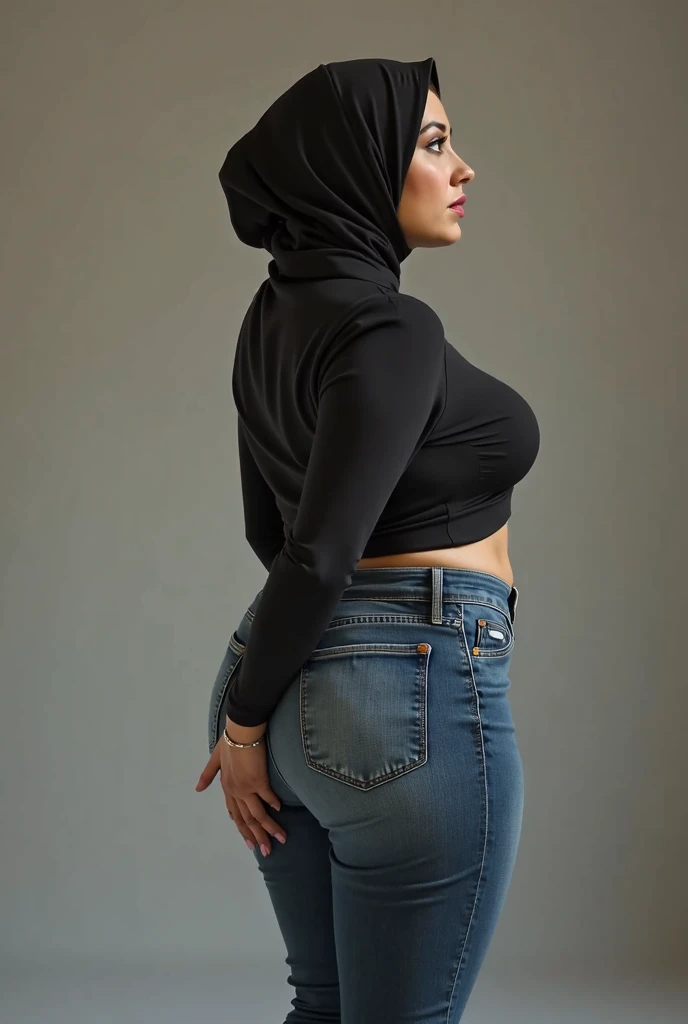 Curvy girl pakistani hijab blue jeans lusty going on  shoft bed before sex full body back curved hips view standing