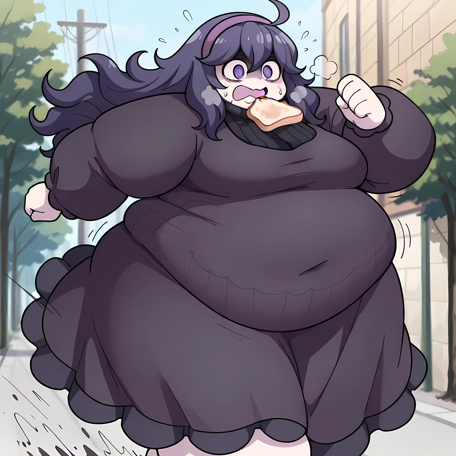 masterpiece, best quality, amazing quality,, hex maniac, hairband, messy hair, purple eyes, purple hair, purple hairband, @ @, mature female, breasts, anime screencap,, food in mouth running, food in mouth, running, bread, bread slice, food, toast in mouth, toast, sweatdrop, motion lines, motion blur, outdoors,, , ,fat, chubby, obese, gigantic arms and legs, large breasts open mouth, out of breath