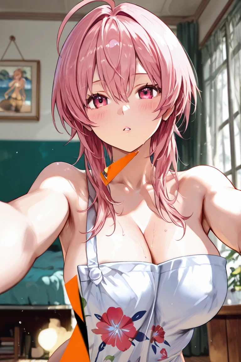 ((masutepiece, Best Quality, hight resolution, nffsw, Perfect Pixel, depth of fields, 4K, )), 1girl in, Solo, , Beautiful anime girl, Beautiful Art Style,
very low view angle:1.3, view from below:1.5, sky from below:1.5, bathroom background,
Perfect body, smile face:1.5 shot from below:1.4, finger on lips:1.5, selfie in mirror:1.5, pink lingerie:1.5,
Yuigahama Yui, Hair bun, short hair, medium breasts, police hat,
Full face blush, red face,
straight on:1.3, medium shot
