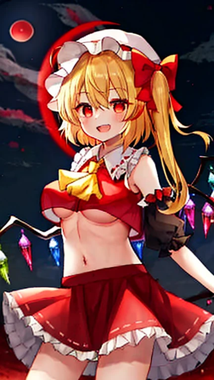 flandre_scarlet, chubby, standing, short height, blushing, 4th grade, young kindergartener, white bra, shy