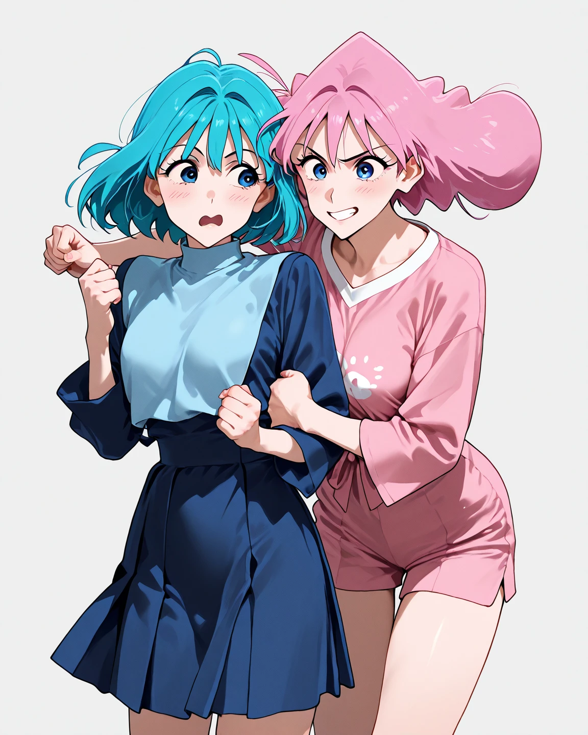 two girls、masterpiece、high quality、High resolution、(Mother、Wife、panty shot:1.2、white panties、smile、embarrassing、open your mouth)、long sleeves、(mini skirt:1.2, squat)、bright hair、open your legs a little、pumps、Chubby、Thick thighs、short hair、80s anime style, 1980s anime,