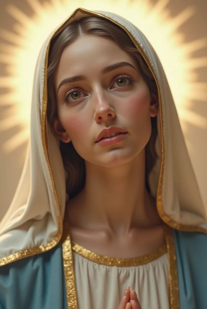 masterpiece, Highest quality, Ultra-realistic, Ultra-detailed, 8k resolution, RAW Photos, Sharp focus, (a very beautiful Virgin Mary), Halo, alone, Gorgeous face, A gentle gaze, Portraiture, Reddish beige tunic, Blue cloak and veil, Chapel, Cinematic, Cinematic light