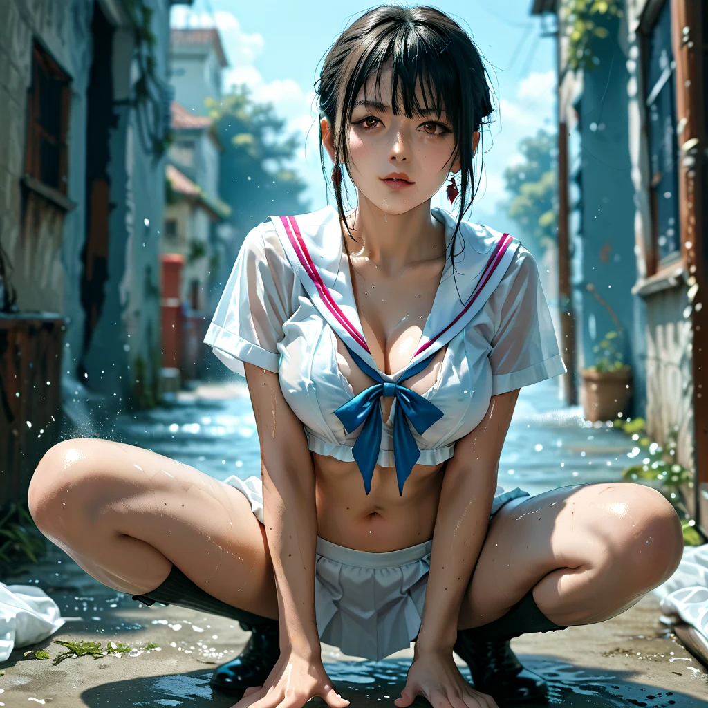 ((masterpiece):1.3),((best quality):1,3), (highres:1.1), ultra-detailed, in pool, (school:0.9), detailed background, sun shower, outdoors, 1girl, school uniform, bent over, leaning forward, naughty, (bra visible through clothes:1.1), white shirt, floating, HDR, sunlight, (from below:1.1), (in water:1.1),