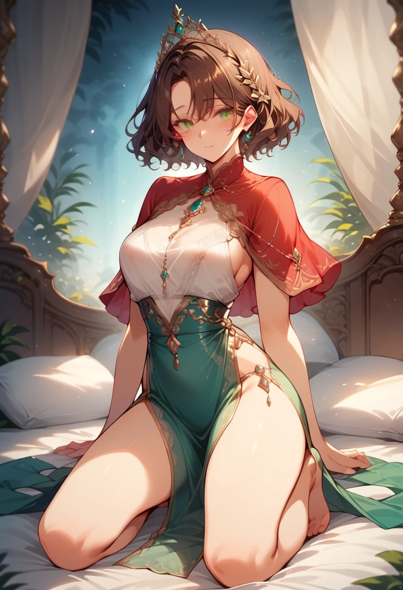 (((Horse Girl))), (((Fine Motion))), 1 person, Thighs, On a luxurious red sofa, (((She's sticking her ass out here))), smile, Dress like a young lady, (((Sexy panties with green embroidery))), High resolution, Her breasts are elegant and large., (((Legs slightly apart))),
