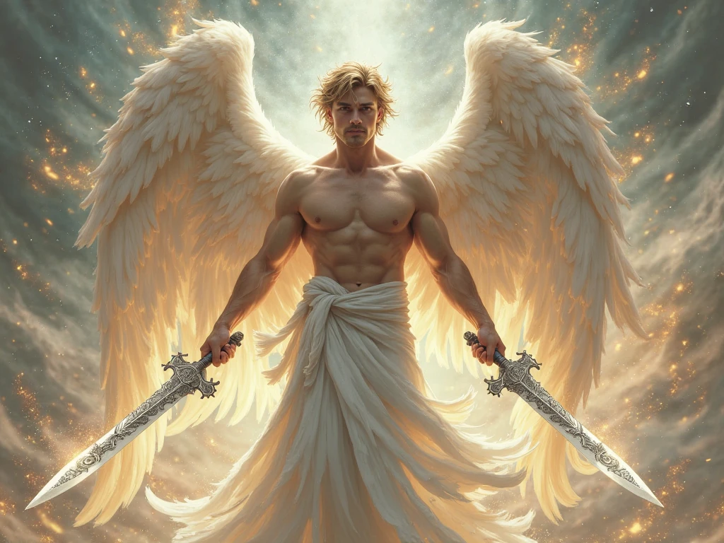 Make a male angel with a sword with outstretched wings seen from behind