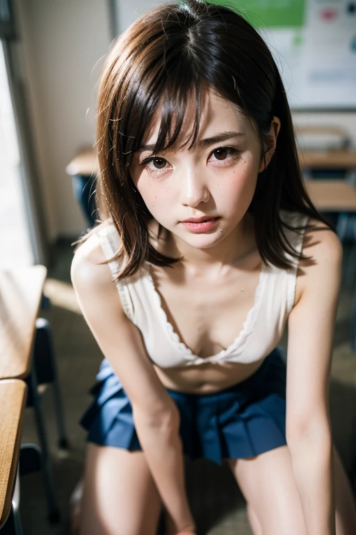 (He is a boy of unparalleled beauty.:1.8, Like a girl, He has a very cute idol face:1.3), White panties, (The front of the panties bulges due to the male genitalia:1.9), Blue checked mini skirt, sitting on desk, Spread your legs, Feet on the desk, Short black hair, Glasses, Camel Toe, Wet and see-through blouse, (Flat Chest:1.9), White panties , White blouse, Size Small, Showing panties, classroom, ultra Realistic, high quality, Very detailed, Very detailed, beautifully color-coded, Insane Details, Intricate details, beautifully color graded, Unreal Engine, Cinematic , Color Grading, editorial photograph , photograph, photograph撮影, Shot with a 70mm lens, depth of field, Tilt Blur, Shutter Speed 1/1000, F/22, masterpiece, Realistic, Ultra-high resolution, high quality ,Adam's apple, NNSFW, (Sailor suit:1.9), Fine skin