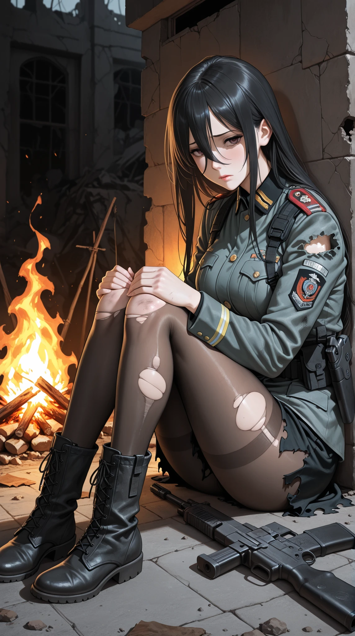 Best image quality, forest, Bonfire, midnight, uniform, army, ""White underwear"", Sad expression, stand, Spread your legs, Rainfall, Black Hair, ""woman"",