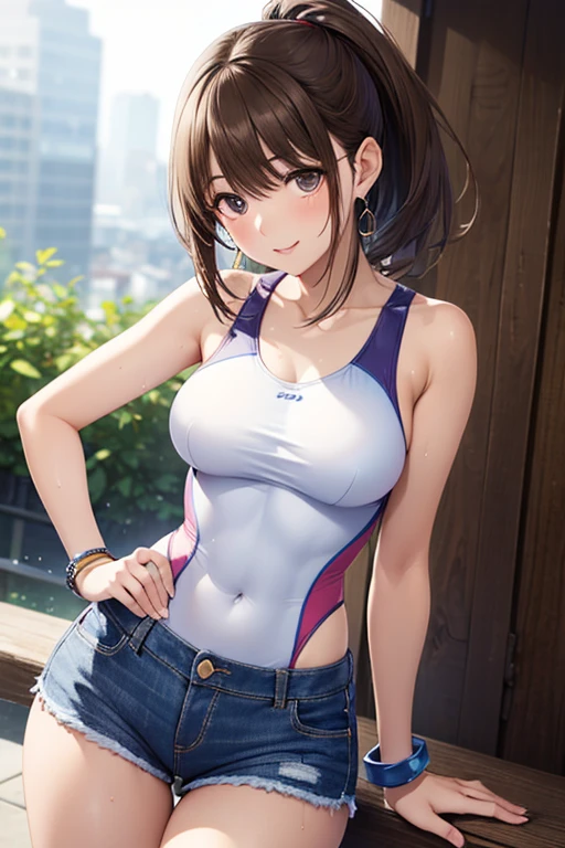 8k,Best Quality,masterpiece,Extremely detailed,(nsfw),1girl,japanese woman,(big breasts:1.3),cleavage,covered nipples,[[cameltoe]],voluptuous body,(Tank tops:1.3),(Hot Pants:1.3),bare legs,ponytail,disdain smile,(sweat on breasts and tights:1.1),(crossed arms),(from below),looking at viewer,cowboy shot,((gym:1.2)),