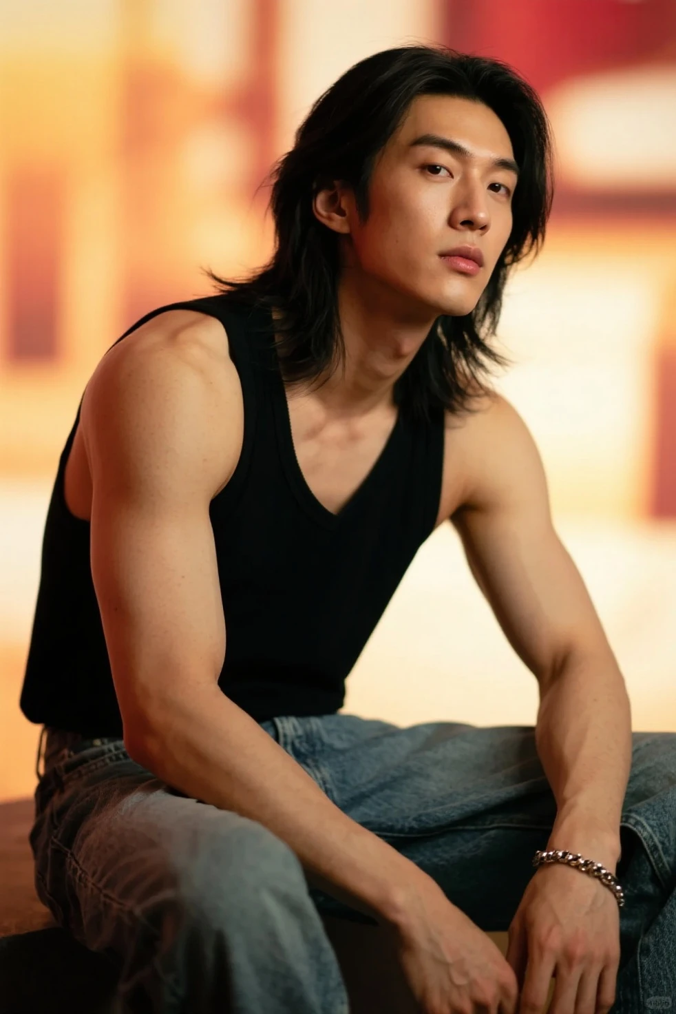 cute guy, muscular, black t-shirt, ripped jeans, long hair, pretty eyes, asian, black sneakers, large build