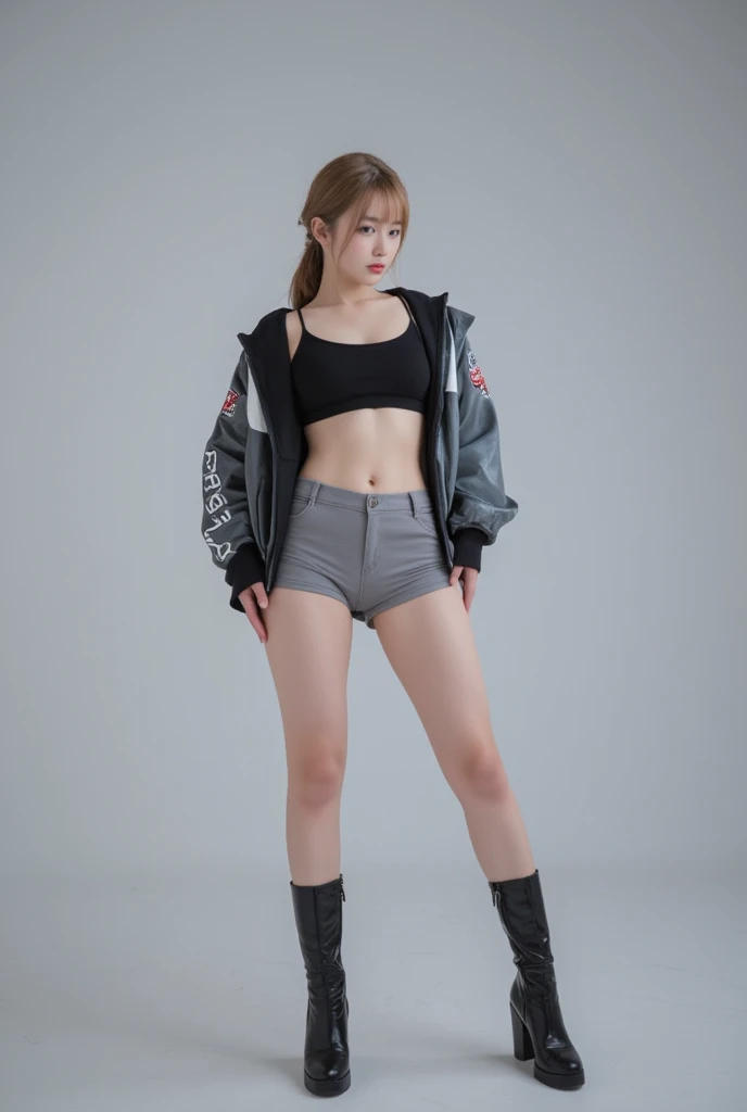Korean Girls wear black sporty biker spandex with hole can see her pussy with hair