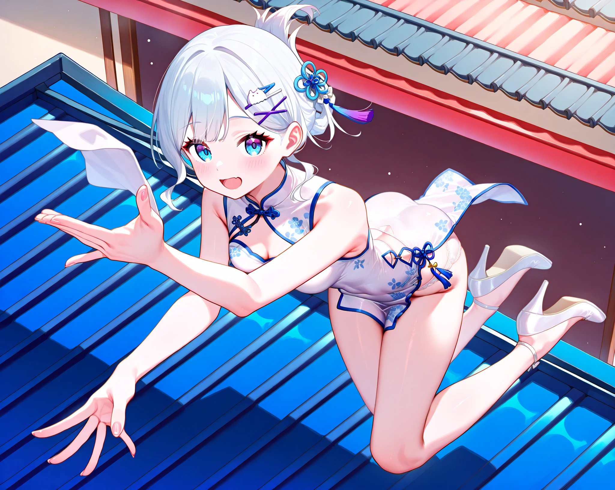 super high quality,Amane Kanata,Black Swimsuit。,M-shaped legs,お腹の前で✌️。,Slender body,Small breasts,whole body。short hair,About play equipment,High heels,black tights。