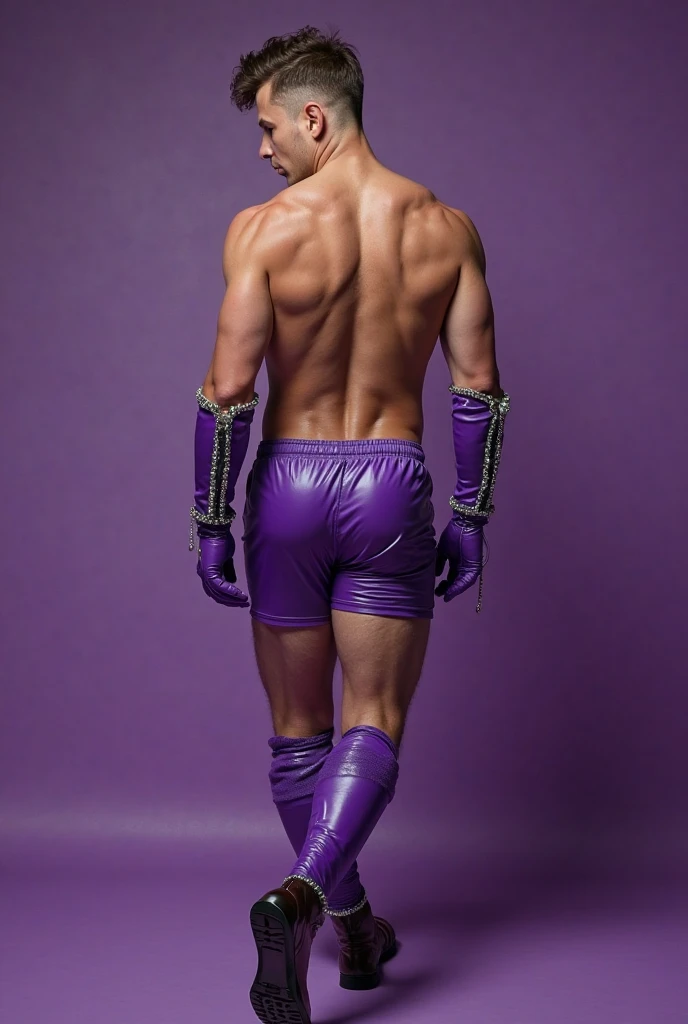 Fullbody standing picture of white skin Handsome muscular horny nude sexy gay man wearing sexy shiny purple latex harness, shiny black Disconnected Pompadour oiled hair style, blue eyes, shiny varnished vinyl shoes, red lip, chain, tattoos, horny, cum shot, sperm, milking penis, very big penis, very big testicle, shiny oiled skin, orgasm, oversexed, masturbation, standing at white lighting room.