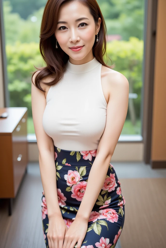 (One ultimate beautiful mature woman), very detailed顔, detailed lips, fine eyes, double eyelid, brunette bob hair, (grin and laugh), ((beautiful teeth)), ((Party dress with floral pattern on navy blue fabric))), big and full breasts, (thighs thighs),  that&#39;s right, perfect body, perfect face, written boundary depth, perfect image realism, With background:((home party in the living room))、詳細なWith background, detailed costume, perfect thing、hyper realism、photoreal、8K maximum resolution, (masterpiece), very detailed, Professional