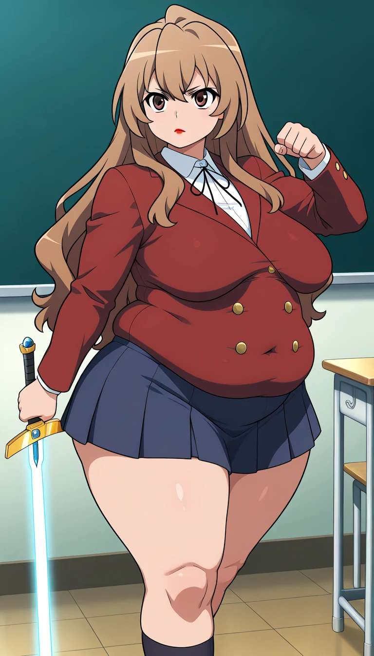 masterpiece, highest quality, ultra high resolution, Super detailed, long reddish brown hair, bangs, braided ponytail, Crimson eyes, huge breasts, wide hips, Plump, Red high-leg retard,Haigre Pose, red glasses,mature woman, 1 girl, takeda hiromitsu style, smile, lipstick, blush, beautiful, classroom,mole under eye,big breasts,big thighs,big ass