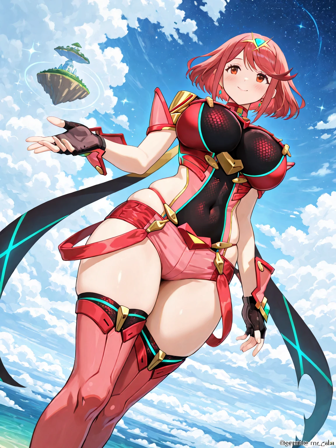 pyra \(xenoblade\), teen_1girl, loli, bangs, black gloves, breasts, red eyes, shout, earrings, eyelashes, fingerless gloves, floating hair, , gem, gloves, hair ornament, headpiece, jewelry, big_breasts, leaning back, swimsuit, neon trim, official art, pose, red hair, saitou masatsugu, short hair, sidelocks, skin tight, solo, swept bangs, thighhighs, tiara, fantasy_town_background, underbust, xenoblade chronicles \(series\), (xenoblade chronicles 2), (spread_legs:1.1), fire_effect,dynamic_pose,fighting,light_smile, (plump:1.1), big_ass,huge_sword, hold_large_sword_hilt, covered_nipples, covered_pussy, fists,ponytail,beautiful_fingers,(solo:1.1), bare_shoulder,(shoulder_naked:1.2)