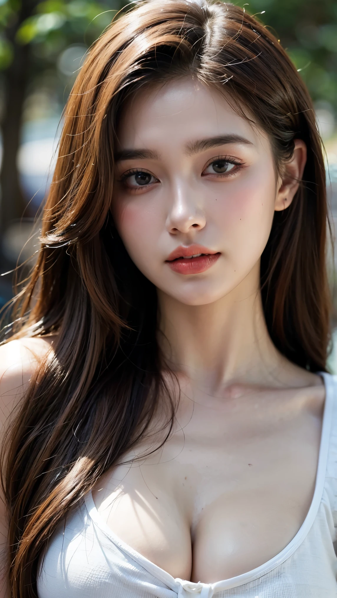 ((Best quality, 8k, Masterpiece :1.3)), Sharp focus :1.2, A pretty woman with perfect figure :1.4, Slender abs :1.2, ((Dark brown hair, Big breasts :1.2)), (Natural light, City street:1.1), Highly detailed face and skin texture, Detailed eyes, Double eyelid