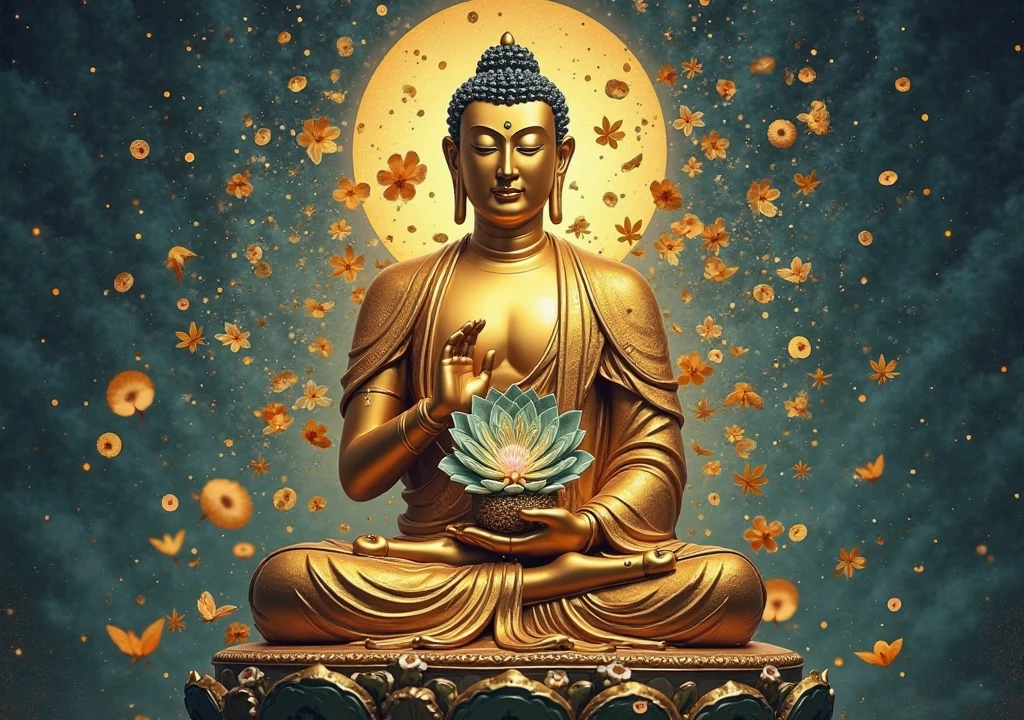 create a photorealistic of the most sophisticated and complex big Buddha_statue in Virabhadrasana pose and many little buddha statues as a background circle behind him, create it as human best can possible do assisted by AI