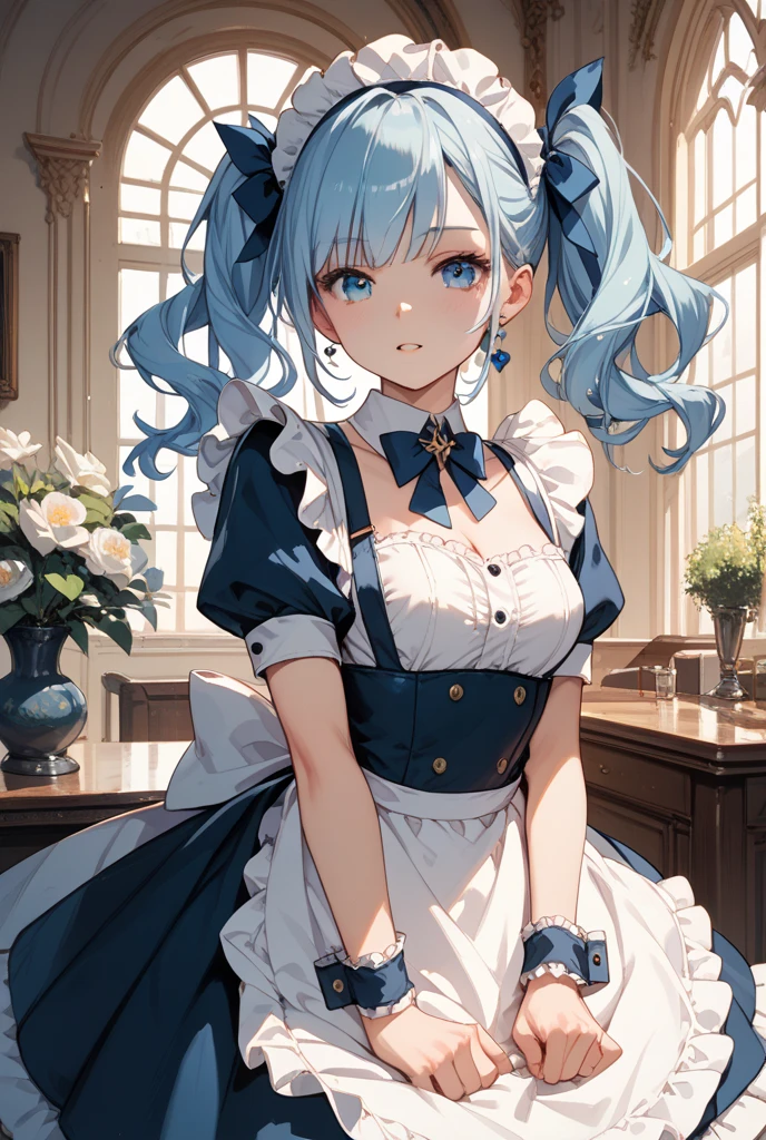 ((8k, Best Quality, Masterpiece: 1.3)), Ultra High Resolution, (One Girl, Solo), (Color Changing Eyes, Ultra Detailed, Expressive Sparkle, Shimmering, Glowing Eyes), Highly Detailed Eyes,In a small, tidy student’s room bathed in the warm glow of morning light, a young maid with twin tails of sky-blue hair is enjoying a lighthearted moment. Her semi-long hair, tied into playful twin tails, transitions softly from vibrant blue to a delicate pale blue at the tips. She wears a charming navy maid outfit with frills, and her fitted dress accentuates her figure with a playful yet modest emphasis on her cleavage. She stands by a simple wooden desk, one foot playfully pointed, and her hands clasped behind her back. Her expression is bright, with a joyful smile that radiates youthful energy. The simple decor of a single bed, small bookshelf, and study essentials enhance the relaxed and cheerful atmosphere.