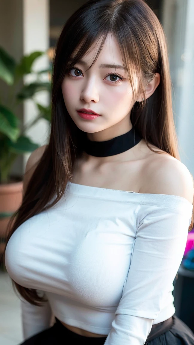 best quality, ultra high res, (photorealistic:1.4), 1girl, off-shoulder white shirt, black tight skirt, black choker, (faded ash gray hair:1), (huge breasts:1.2), looking at viewer, closeup ,