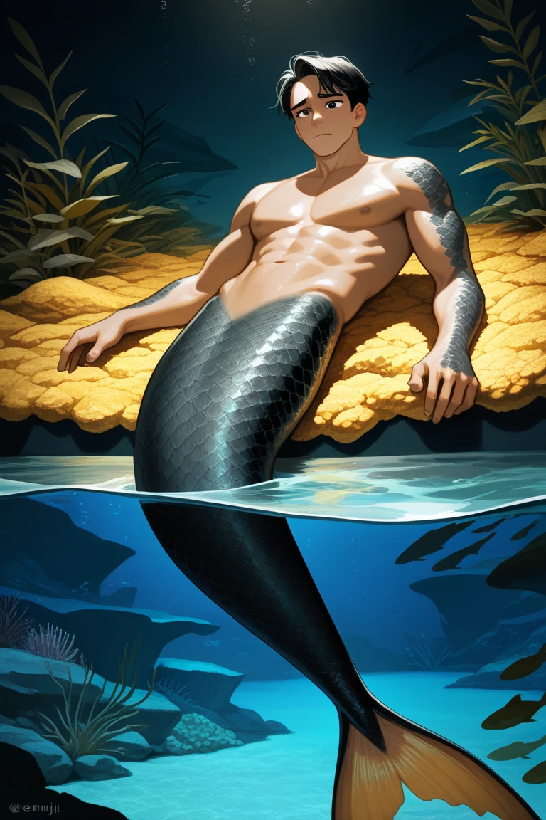 there is a man that is standing on a mermaid tail, inspired by Adam Dario Keel, mermaid tail, handsome stunning realistic, shirtless :: high detail, mermaid, mermaid body, inspired by Ludovit Fulla, fish tail, by Adam Dario Keel, emma watson as a mermaid, emma watson as sea mermaid, dnd triton, ariana grande as a mermaid