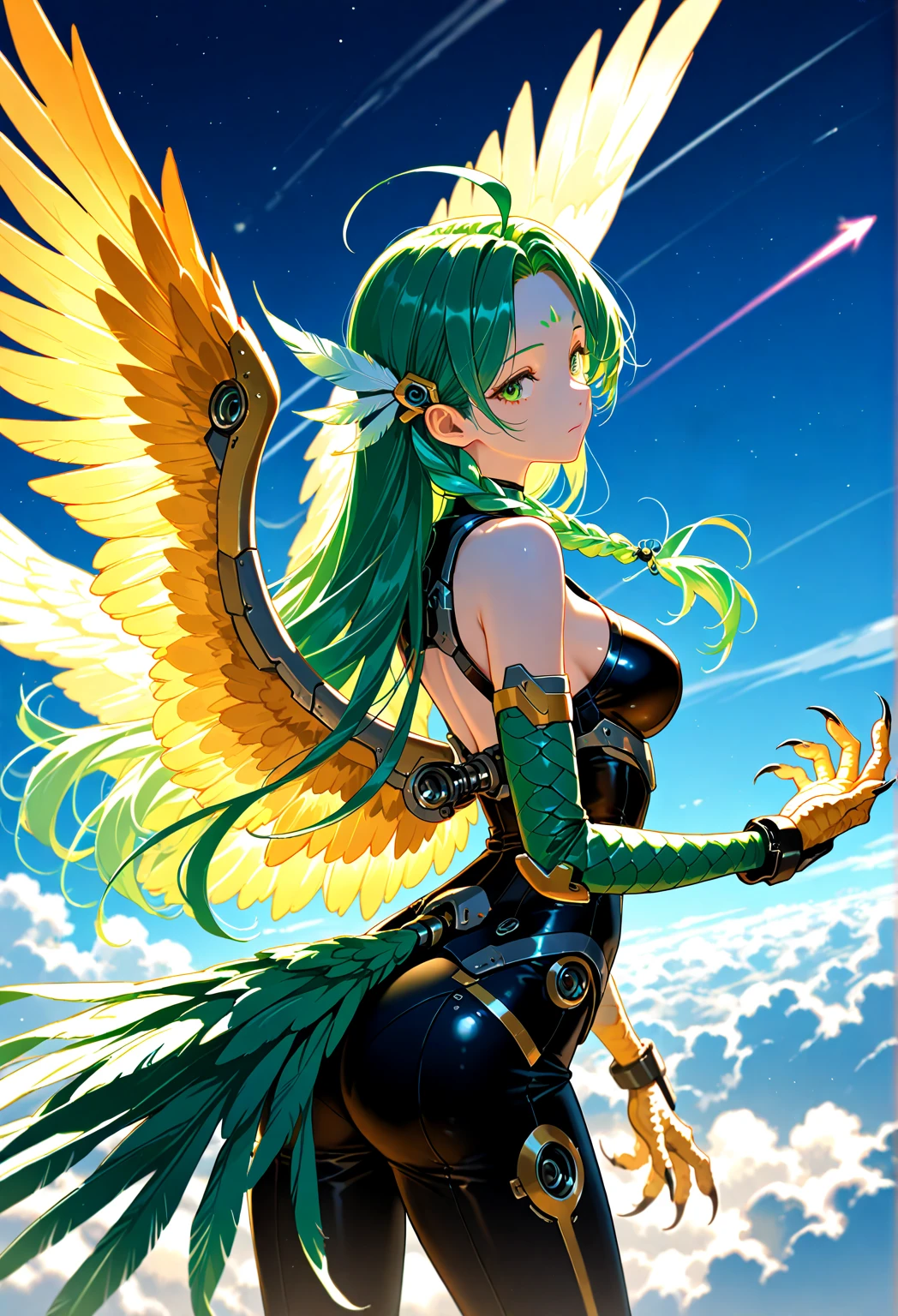 Masterpiece, best quality, {best quality}, {{masterpiece}}, {highres}, anime, 1boy, green hair, green wings, green feathers, exotic, Quetzalcoatl, Kukulkan, Serpent God, Aztec --auto --s2