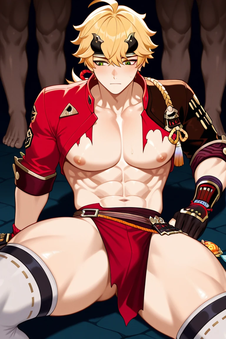 shota,,Two dimensional anime boys,One-piece swimsuit,long slim figure,protective goggles,Fingerless gloves,The stands up,There are long horns on the head,Earphone,Cloak,Lie down in bed