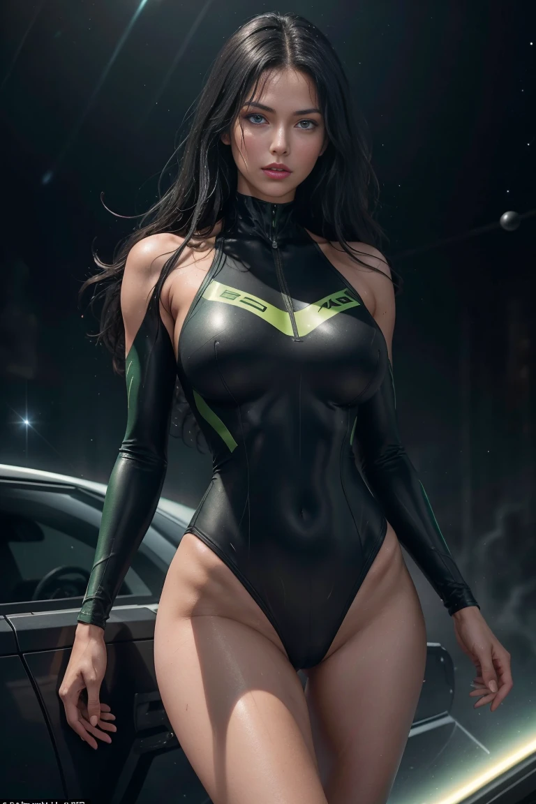 Full body shot sandy hair fit body large breasts slender thighs slender waist pilot suit solo looking at viewer in space long shaggy wet black hair falling on her long black shoulders, glowing green, eyes red lips muscular body blushing determination, 8k, extreme detail,