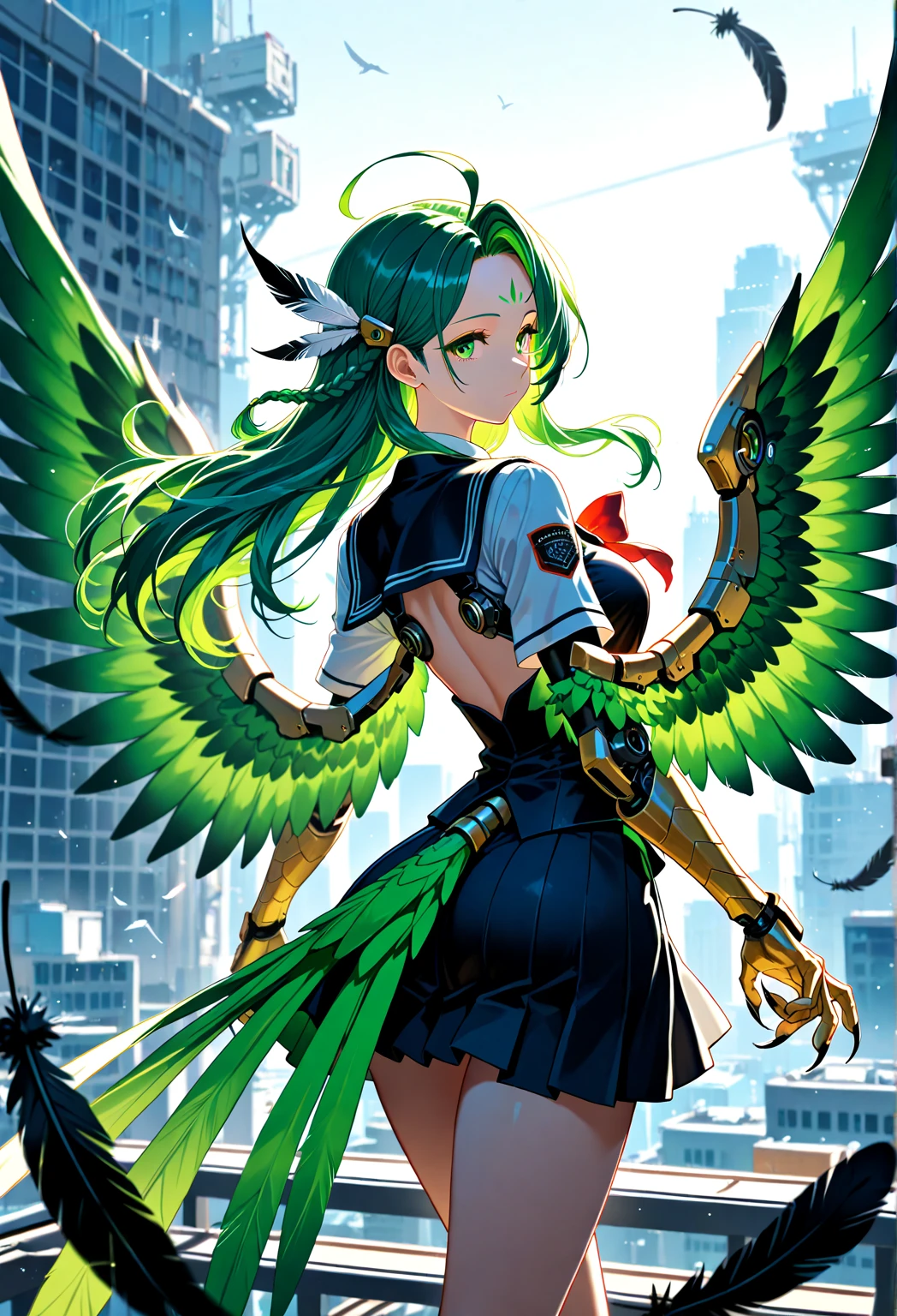 Bhaddie is a grey girl monkey with a green swirl of hair on her head that has a black streak through it. She has brown eyes, gold wings, and gold and black shoes. SPARKLE; GLITTER