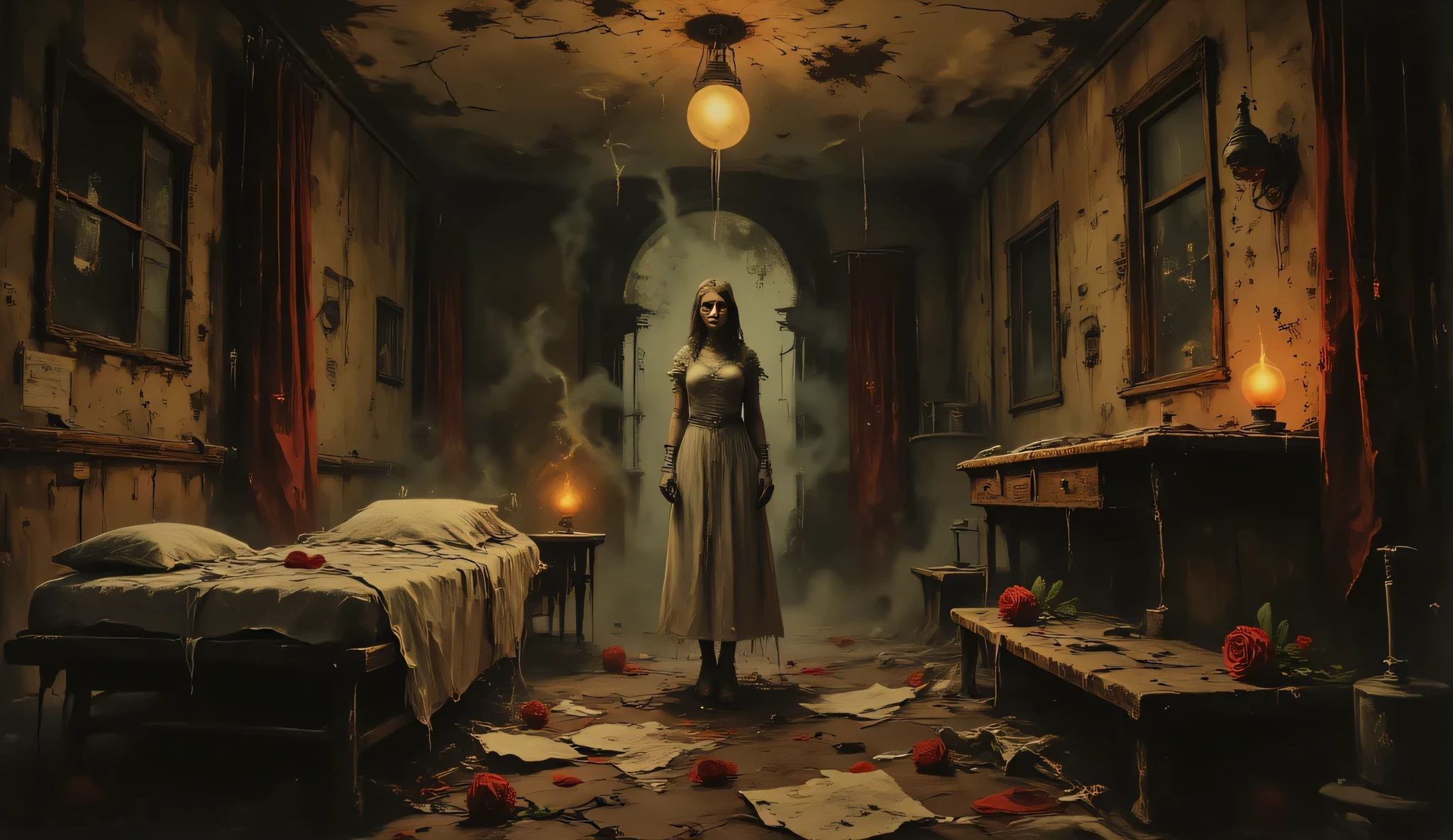 Sanitarium, nurse, beautiful face, big breasts, perfect breasts, cleavage, perfect body, blood, dark art, blood on the walls and floor, abandoned, surreal horror, dilapidated Hospital hallway background, sexy, seductive, high detail, masterpiece.