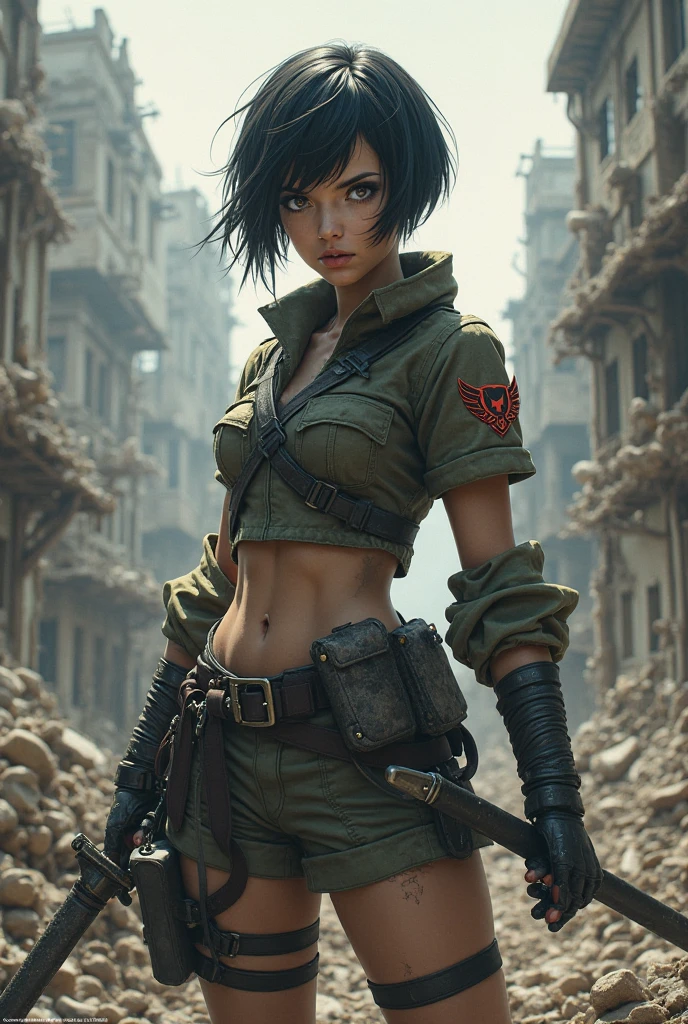 (((masterpiece, best quality))), 1girl, 18 year old, (((caucasian))), (((emerald green eyes))), ((perfect lips)), ((perfect nose)), (((perfect hands))),(((very detailed hands))), (((perfect fingers))), (((perfect eyes))),(((black hair, short hair, straight hair, small braid in her hair))), (((modern infantry  solider))), background a post-apocalyptic cityscape with crumbling buildings and overgrown vegetation creates a dystopian atmosphere, ((blurry background)), ((confident)), six pack abs, (open belly), (((Pose:looking at the camera)))